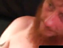 Bearded tattooed mature guy strokes cock and cums on self