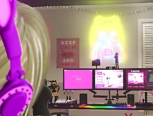 Web cam live streaming.  Gamer girl plays with a bouncing fuck hopper