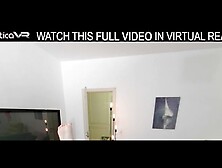 Solo blonde thin chick Milka Way plays with a pink sex toy on the sofa in VR.