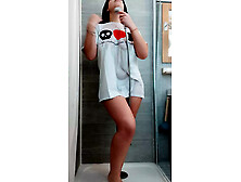 Sexy student takes a shower - Big tits in weat T shirt