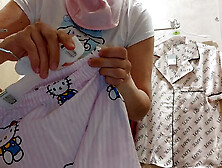 Sexy dark-haired amateur wife tries on stockings with her hairy pussy and big assets