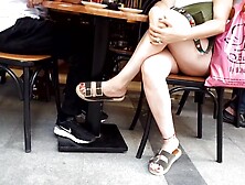 College Girl Sexy Crossed Legs Hot Feets Toes At Cafe