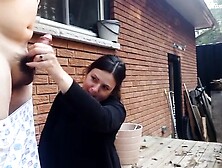 Amateur Milf Jerking Off Husband's Meat Pole Outside
