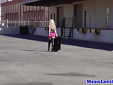 Busty blonde lesbian pussy fucked with dildo