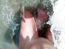 Summer Beach Foot Bizarre.  German Youngster Bitch Walking In The Sea And Masturbation With Water