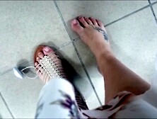 Wonderful hot feet in the shoe shop trying on sandals would you like to blow them all?