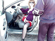 Frina car has broken auto navigator.  Attractive blonde mom MILF driving in stockings without skirt or panties and asks for direc