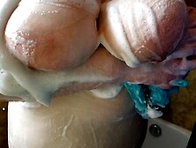 Washing bouncing DD mommy titted inside the shower into slow motion