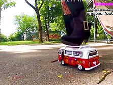 Katis Hippie time boots crush kicked,  trampled,  smashed,  crushed,  broken car,  crush toy car, toycrush
