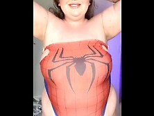 BIG BREASTED WOMAN DRESS AS SPIDERWOMAN LETS HER BELLY HANG