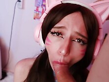 Dva Owerwatch Costume Play.  Gamer Lady Rail Fake Penis & Deep Throating Spear While Frolicking