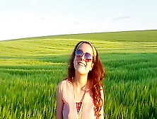 Dark Haired Woman Goes Barefoot In The Wheat Field And Sucks Her Own Toes