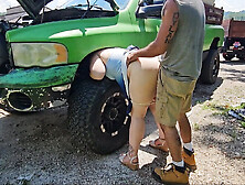 stepsister tricks stepbrother into quickie during truck repair