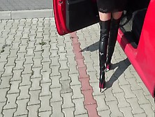 Smoking Hot Girl In Provocative Black Boots Does Some Pedal Pumping In The Sport Car