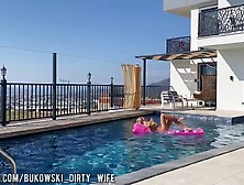 A Beautiful Blonde Masturbates In The Pool And Lures A Peeping Guy Into A Blowjob