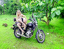 Black Motorcycle And White Girl Public Masturbation