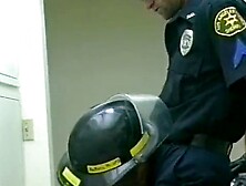 Firefighter Pounds Gay Cop's Butt And Ejaculates On His Stomach