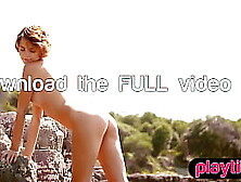 Slim blond Russian cougar disrobes without her underware at a beach