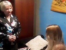 A breasty granny invites a curvy next-door hotty for a worthy, lesbo evening