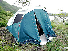 Stranger spied on cutie in tent while she masturbates.  Blowjob,  footjob,  handjob.