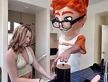 Clean-shaven teen Becky Summer gives a handjob and blowjob to her guy