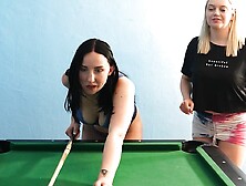 Big Tits Lesbian Couple Friendly Strip Pool Game