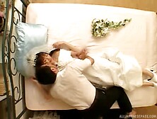 Beautiful Bride Lays On A White Bed And Lets Her Husband Ravish Her Before He Strips Off Her Lovely White Dress And Panty Then P