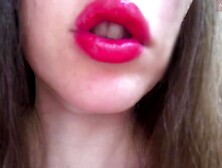 Innocent Girl Teasing With Her Fat Lips,  Putting On Red Lipstick,  Sensually Biting Her Lips,  Sucking