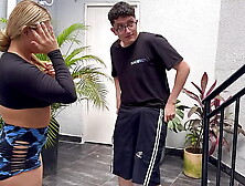 Nerd fiance convinces his MILF Neighbor to be his trainer and fuck outdoors, then at home they fuck until they end up with jizz