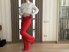 Flared Red Trousers And White Crop Blouse On Tranny Crossdresser Femboy Sissy Ready For Secretary Job And School Party