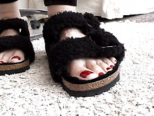 Toe Fetish - Toes Wiggling Black Fur Slippers Part 11