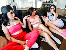 Frisky brunettes Savanah Storm,  Ruby Moon and Anna Starr playing lesbian games in bed