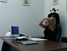 Office anal wearing stockings and glasses.