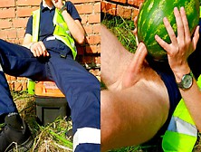 Straight Construction Timonrdd Worker Fucked A Watermelon At A Construction Site