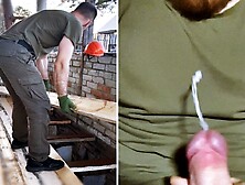 Builder Jerks Off Hot Dick After Work! Big Load Of Cum!