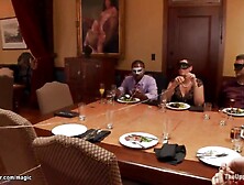 Bushy redhead black serf Daisy Ducati is fastened and clamped with raiment pins and pulled by threads in hands of guests then sc