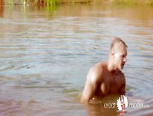 Blonde Muscle Guy Masturbating His Wet Cock In The Lake Water