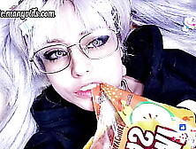 Cuddle Piggy Tails Eating Chili Gummy Worms • Ahegao • Eating • Food Porn • Food • Pig Tails • Blonde • Cosplay • Glasses • Nerd