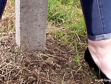 Jeans Piss Handcuffed To Post In Open Field