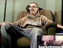 JoeSchmoeXXX. com - Nerdy looking amateur dude with glasses strips and jerks off his c