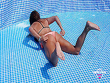 Nippleringlover Horny Milf Hot Bikini Flashing Pierced Nipples & Pussy While Cleaning Pool Outdoors