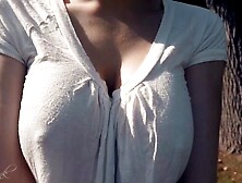 BOUNCING TITS IN SHIRT WHILE WALKING and Running four (BRALESS)