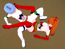 Asuka and Rei lesbian scissoring topless - Neon Genesis Evangelion Hentai Parody