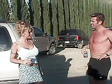 Big Fake Tit Blonde Babe Gets Dirty In The Parking Lot