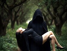 Arm carry woman by mysterious figure in black robe