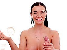 Babes get their peaches squeezed by horny guy in a titjob scene.