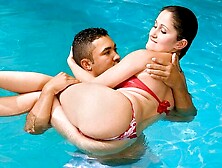 Outdoor poolside fuck with a busty brunette Bia Marques