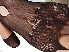 Fishnets Clad Ladyboy Tugging Cock Before Cumshot