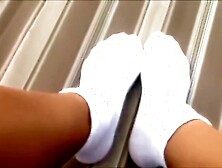 Hot brunette wearing and playing in sexy white cuff socks pov