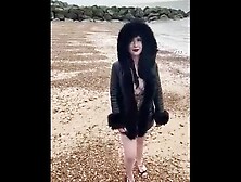 British Babe Smoking and Flashing on the Beach